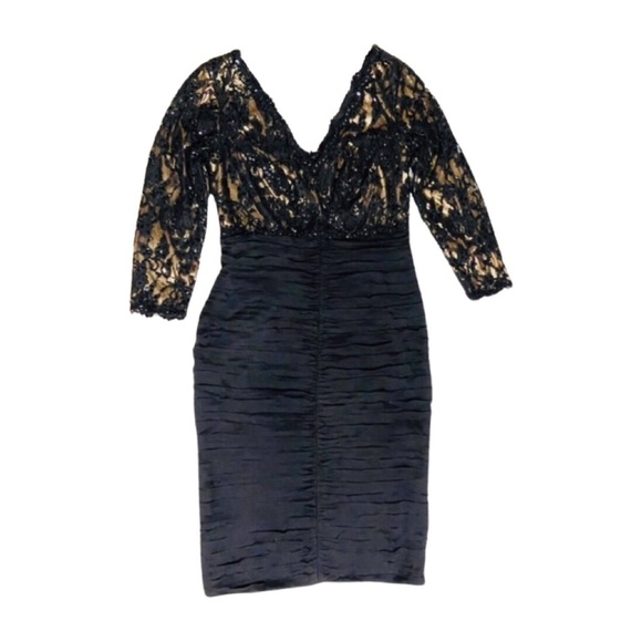 TADASHI Collection Vintage Black Lace Silk Shirred Cocktail Dress Size 4 - Picture 2 of 14